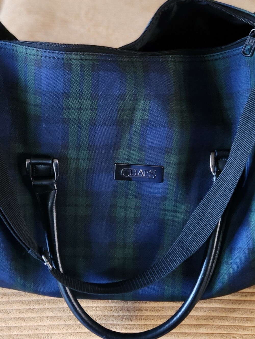 Chaps Blue and Green Plaid Tote with Logo Plaque